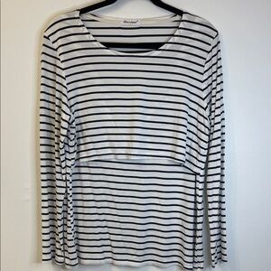 Bearsland White and Navy Striped Long-Sleeve Nursing Tee Size Large PTP 20”-22”